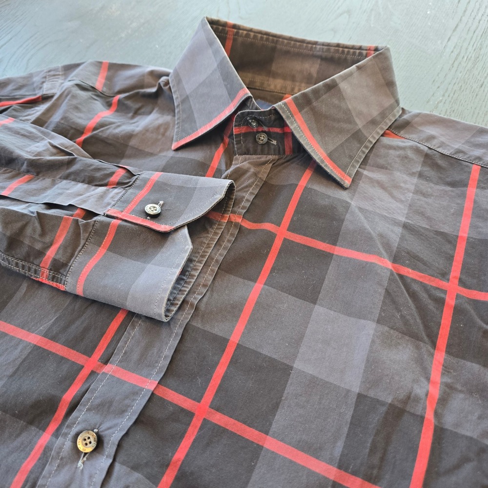 Etro Milano‎ Mens Grey Red Plaid Windowpane Dress Shirt Size 41 16 Made in Italy